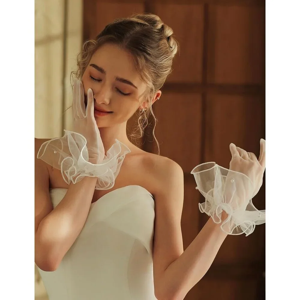 Women's Formal Evening Burgundy Short Mesh Tulle Gloves Wedding Party Costume
